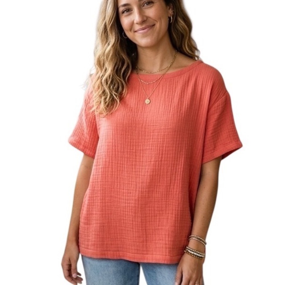 Eileen Fisher Womens Small Coral Organic Cotton Gauze Boxy Short Sleeve Top